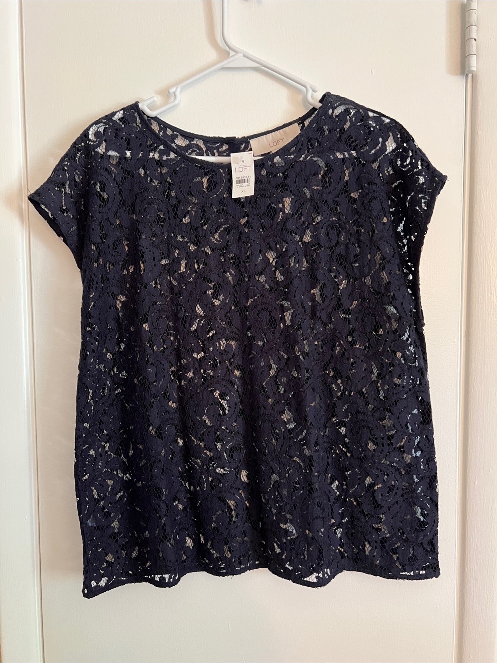 NWT, LOFT Navy Floral Lace Cap Sleeve Top, XL